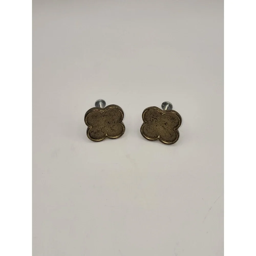 Quatrefoil Brass Tone Cabinet Knobs Pair Textured Clover Furniture Hardware
